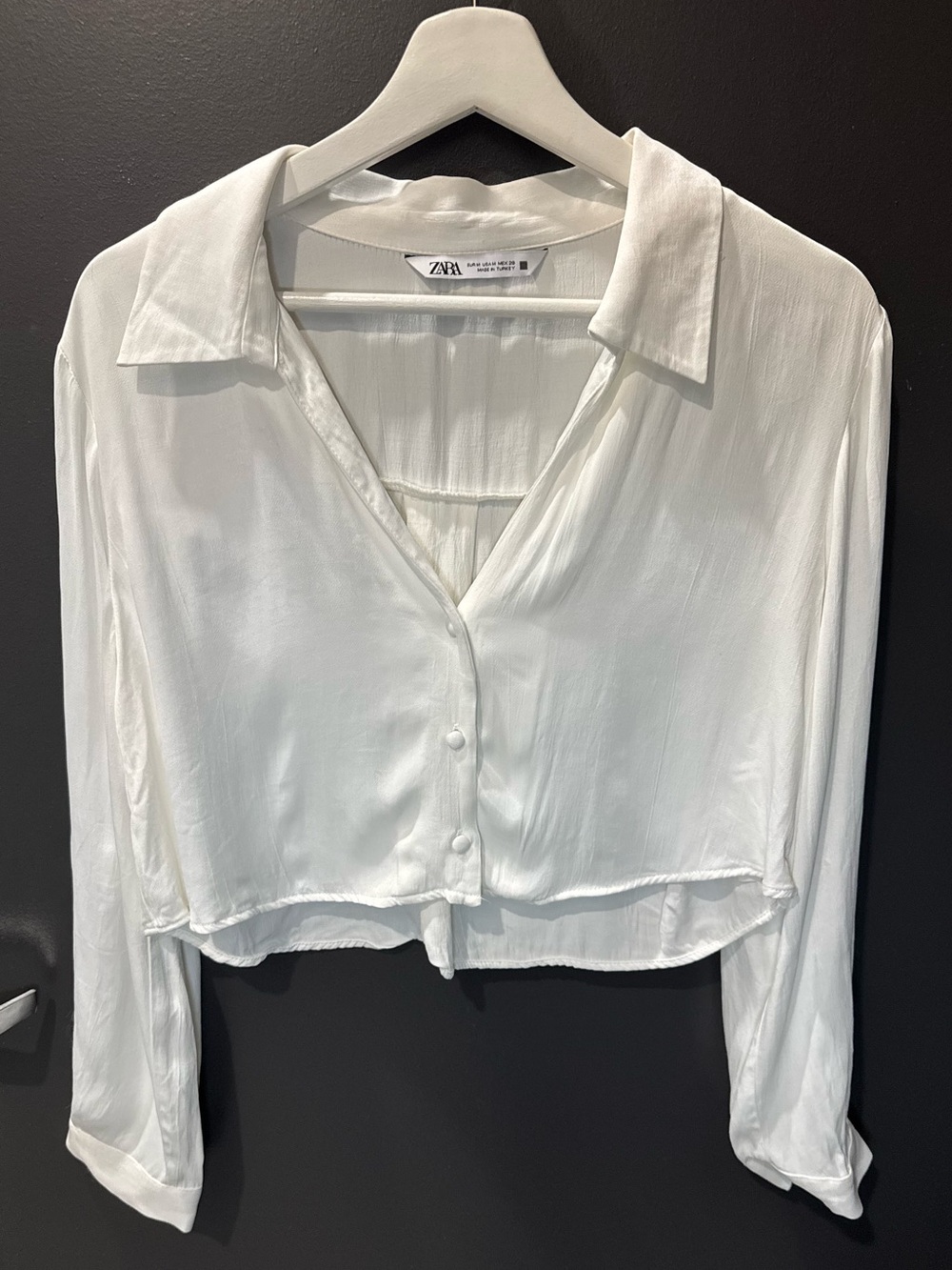 Zara Satin Effect Cropped Button-Up Shirt (Size Medium)